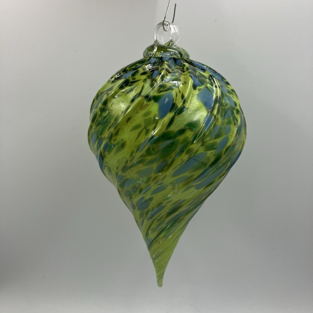 Hand Blown Art Glass Teardrop Ornament / Mottled Frit Multi-Color Optic Twist
